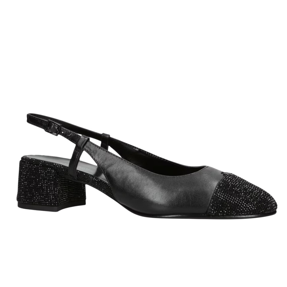 $348 TORY BUTCH Blk Pave Capped Toe Slingback Block Heel Rhinestone Shoe SZ 7.5M